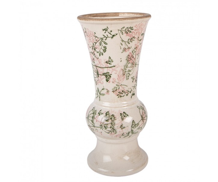 Béžová antik keramická váza s květy - Ø 13*26 cm Clayre & Eef