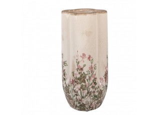 Béžová antik keramická váza s růžovo-zelenými květy M - Ø 15*30 cm