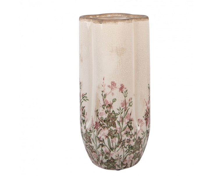 Béžová antik keramická váza s růžovo-zelenými květy M - Ø 15*30 cm Clayre & Eef
