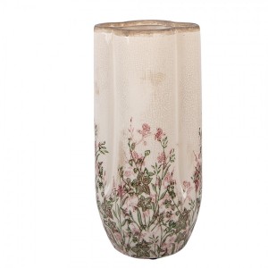 Béžová antik keramická váza s růžovo-zelenými květy M - Ø 15*30 cm