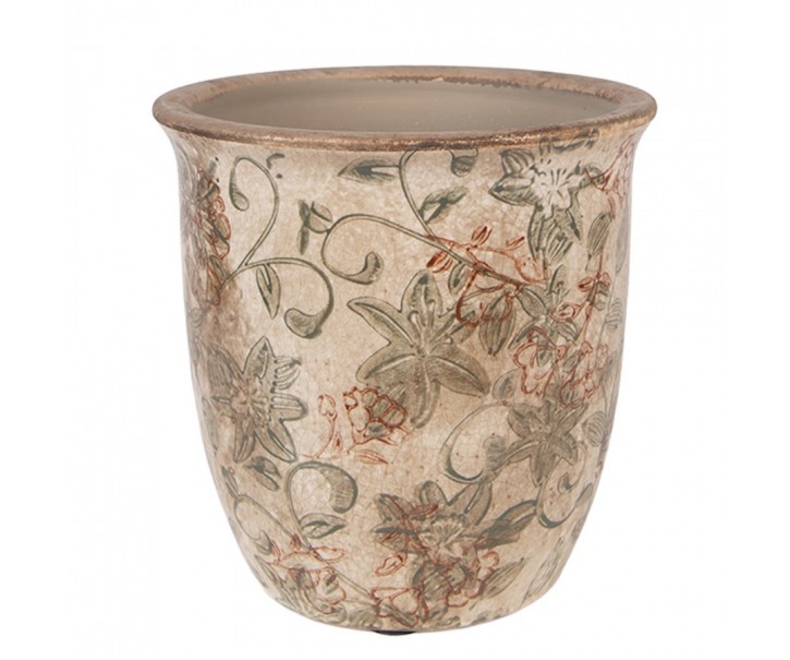 Béžový keramický obal na květináč s květy Margaus S - Ø 13*13 cm Clayre & Eef