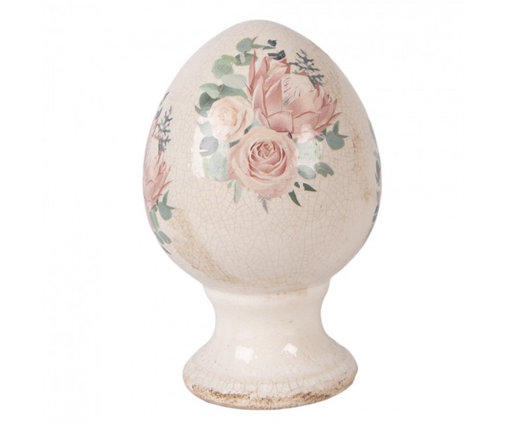 Béžové antik keramické vajíčko s květy Protea Eucalypt S - Ø 9*14 cm Clayre & Eef