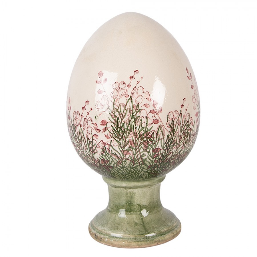 Béžové antik keramické vajíčko s květy Rustic Flower XL - Ø 17*28 cm