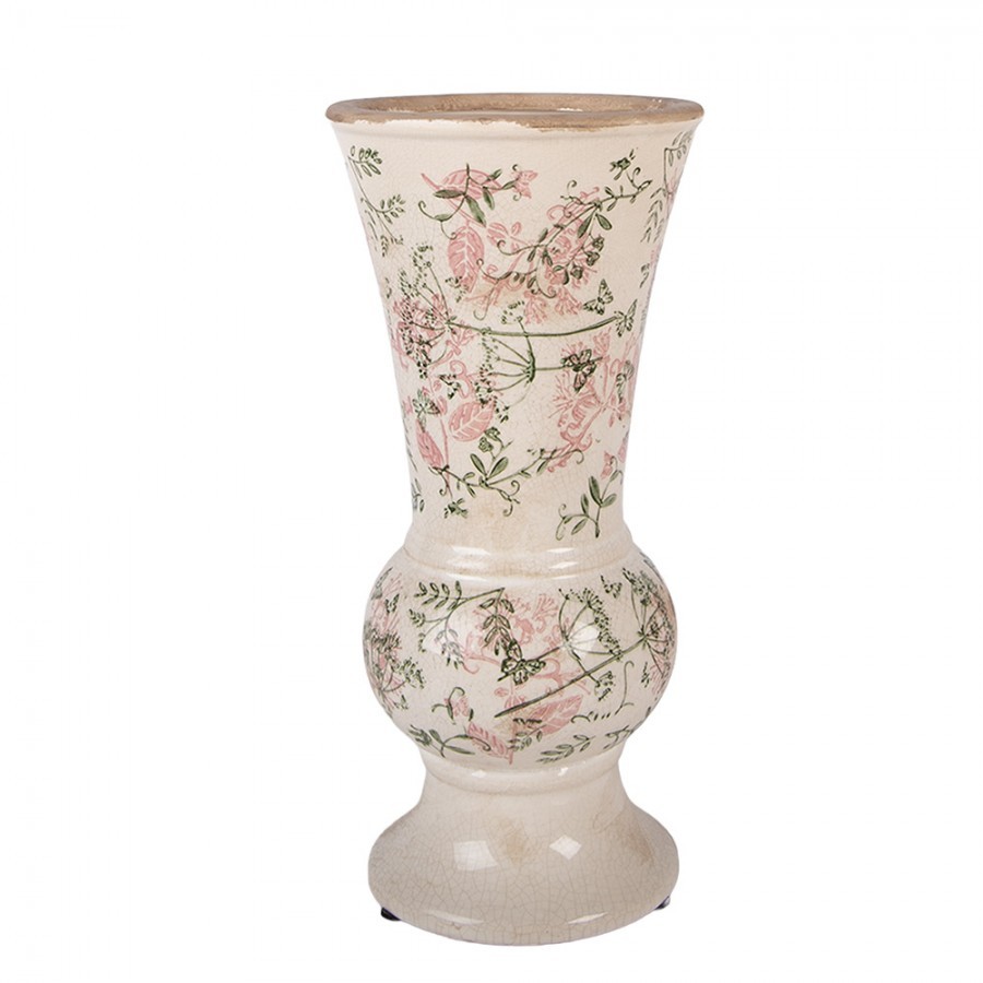 Béžová antik keramická váza s květy - Ø 15*32 cm