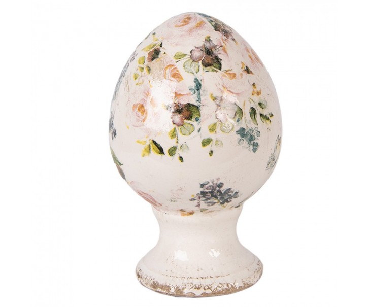 Béžové keramické vajíčko na podstavci s růžemi Rosina S - Ø 9*14 cm Clayre & Eef