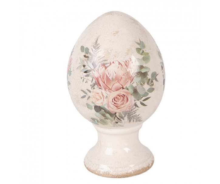 Béžové antik keramické vajíčko s květy Protea Eucalypt M - Ø 12*19 cm Clayre & Eef