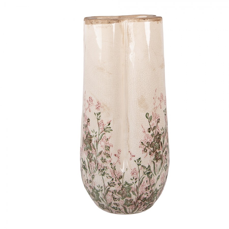 Béžová antik keramická váza s růžovo-zelenými květy L - Ø16*36 cm