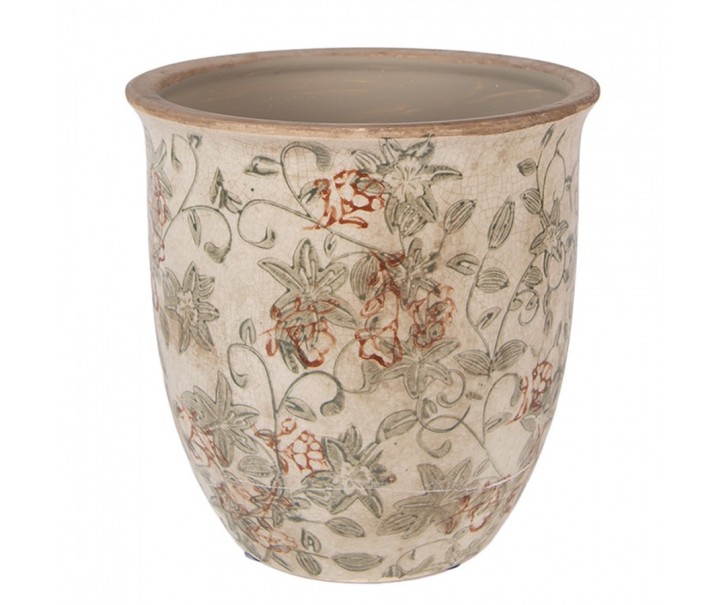 Béžový keramický obal na květináč s květy Margaus L - Ø 17*17 cm Clayre & Eef