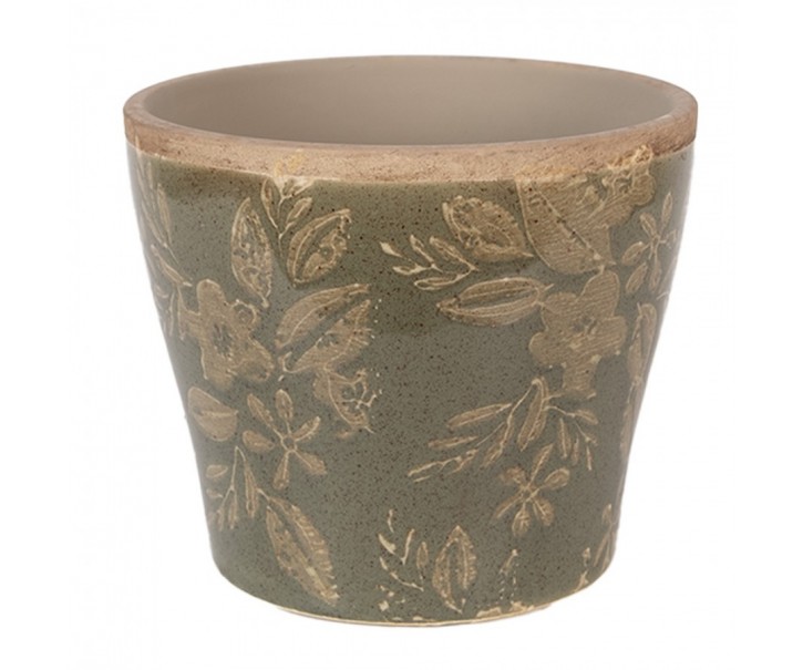 Zelený keramický obal na květináč s květy Timothée S - Ø 10*9 cm Clayre & Eef
