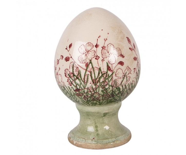 Béžové antik keramické vajíčko květy Rustic Flower S - Ø 9*14 cm Clayre & Eef