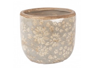 Šedý antik keramický obal na květináč s květy S - Ø 10*9 cm
