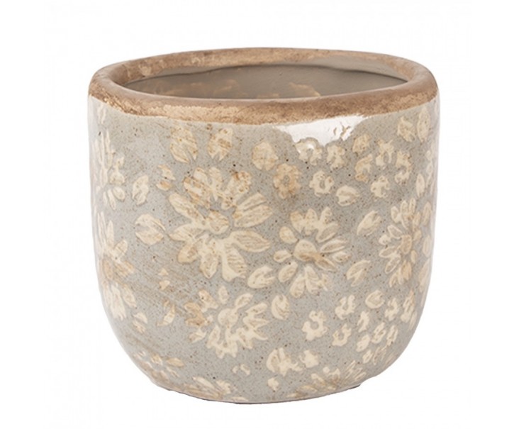 Šedý keramický obal na květináč s květy S - Ø 10*9 cm Clayre & Eef