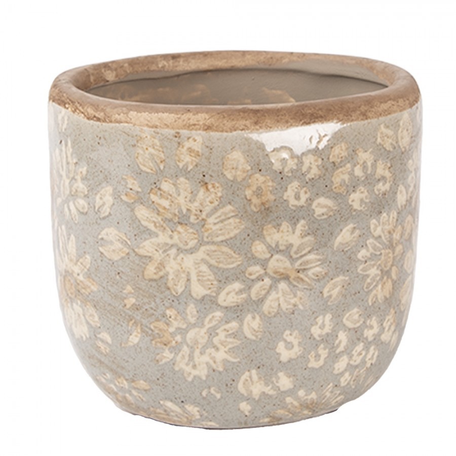 Levně Šedý antik keramický obal na květináč s květy S - Ø 10*9 cm 6CE2409S