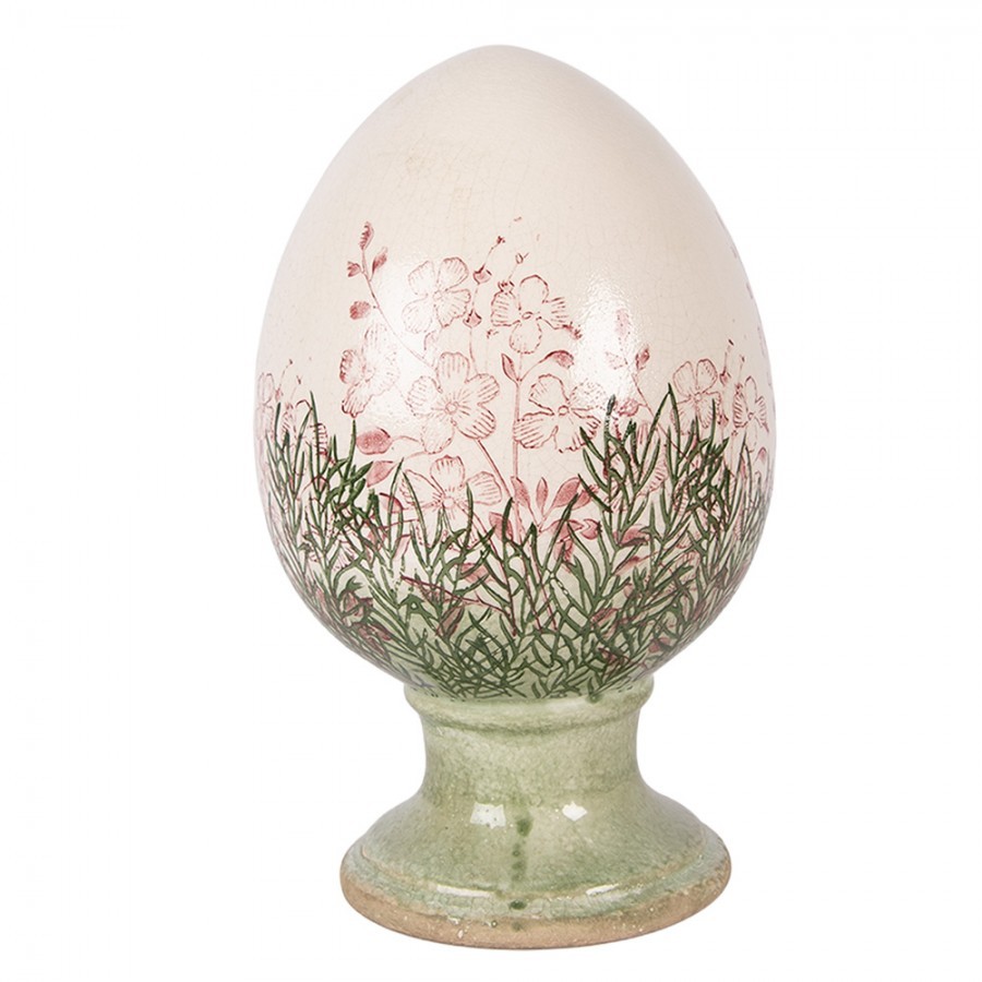 Béžové antik keramické vajíčko s květy Rustic Flower L - Ø 15*24 cm