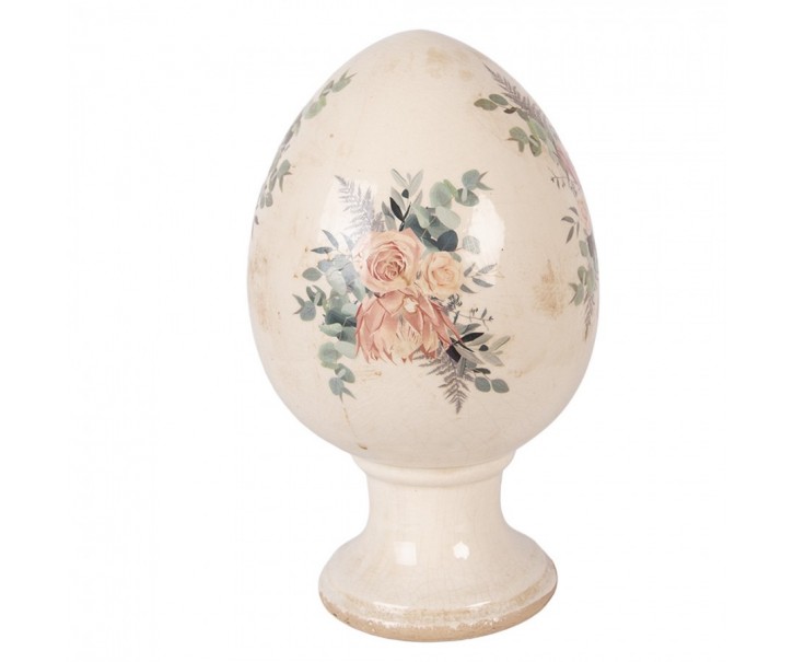 Béžové antik keramické vajíčko s květy Protea Eucalypt XL - Ø 17*28 cm Clayre & Eef