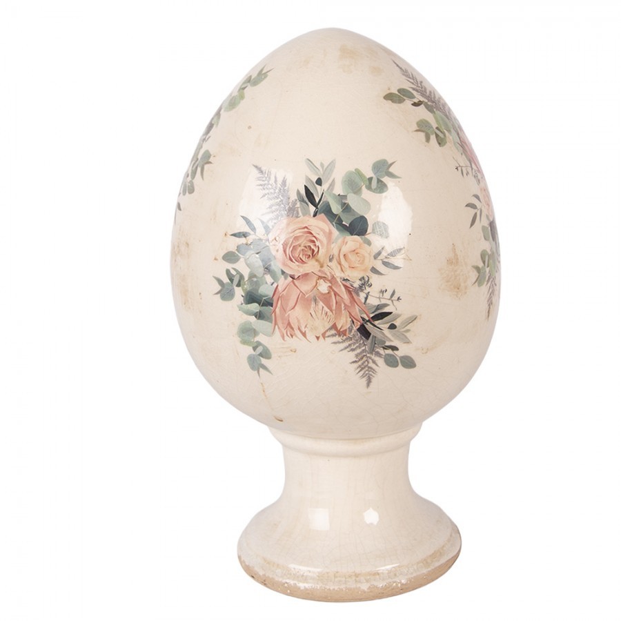 Béžové antik keramické vajíčko s květy Protea Eucalypt XL - Ø 17*28 cm