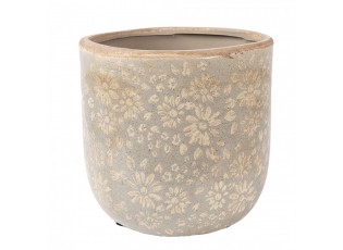 Šedý antik keramický obal na květináč s květy L - Ø 18*16 cm