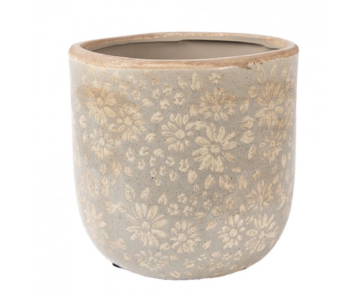 Šedý antik keramický obal na květináč s květy L - Ø 18*16 cm Clayre & Eef