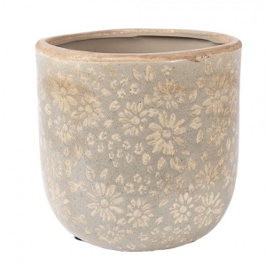 Šedý antik keramický obal na květináč s květy L - Ø 18*16 cm