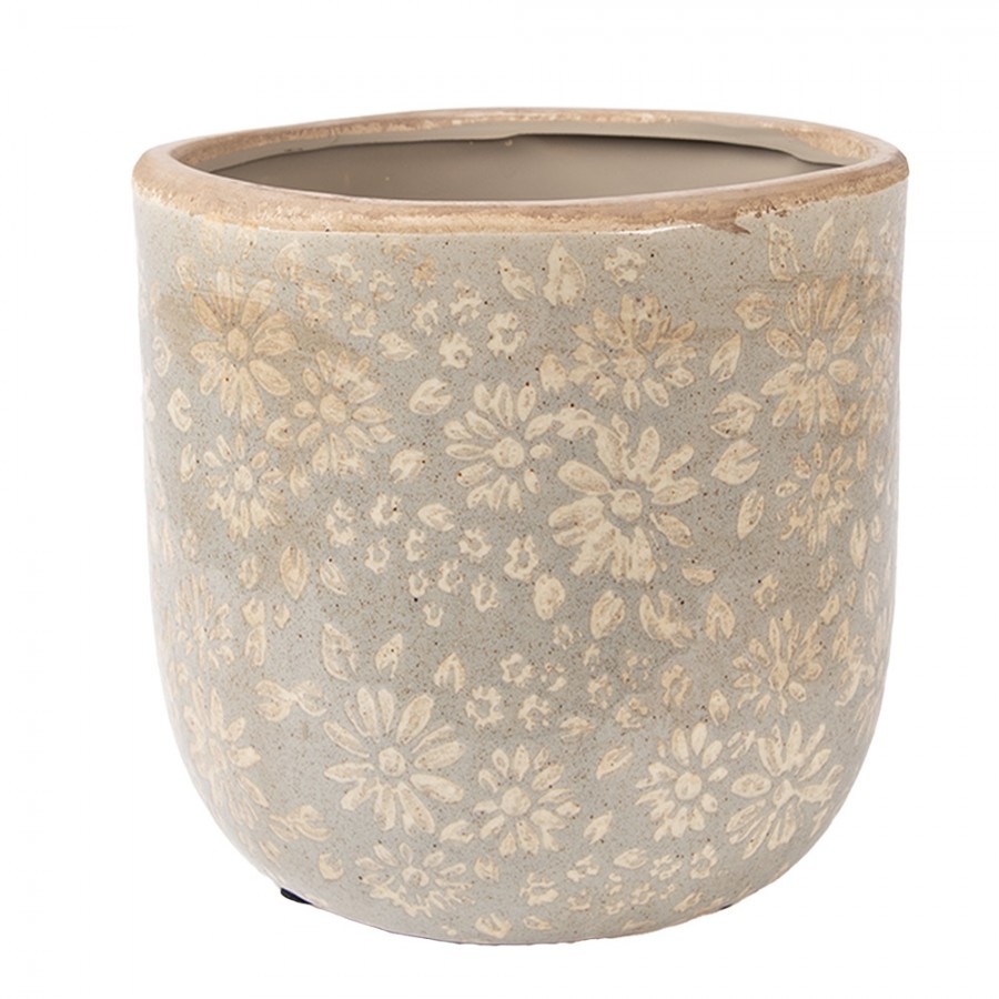 Šedý antik keramický obal na květináč s květy L - Ø 18*16 cm