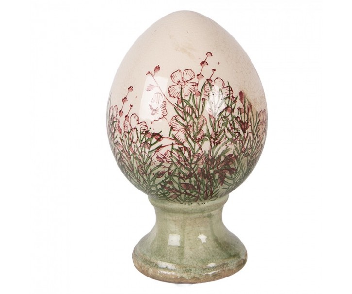 Béžové antik keramické vajíčko s květy Rustic Flower M - Ø 12*19 cm Clayre & Eef