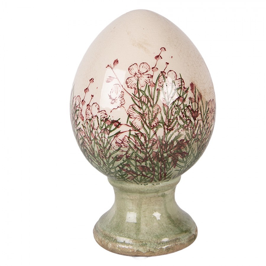 Béžové antik keramické vajíčko s květy Rustic Flower M - Ø 12*19 cm