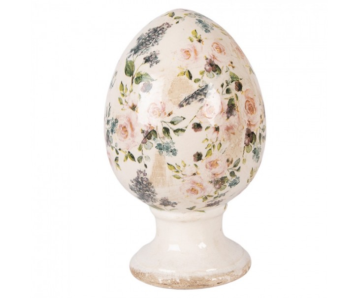 Béžové keramické vajíčko na podstavci s růžemi Rosina L - Ø 15*24 cm Clayre & Eef
