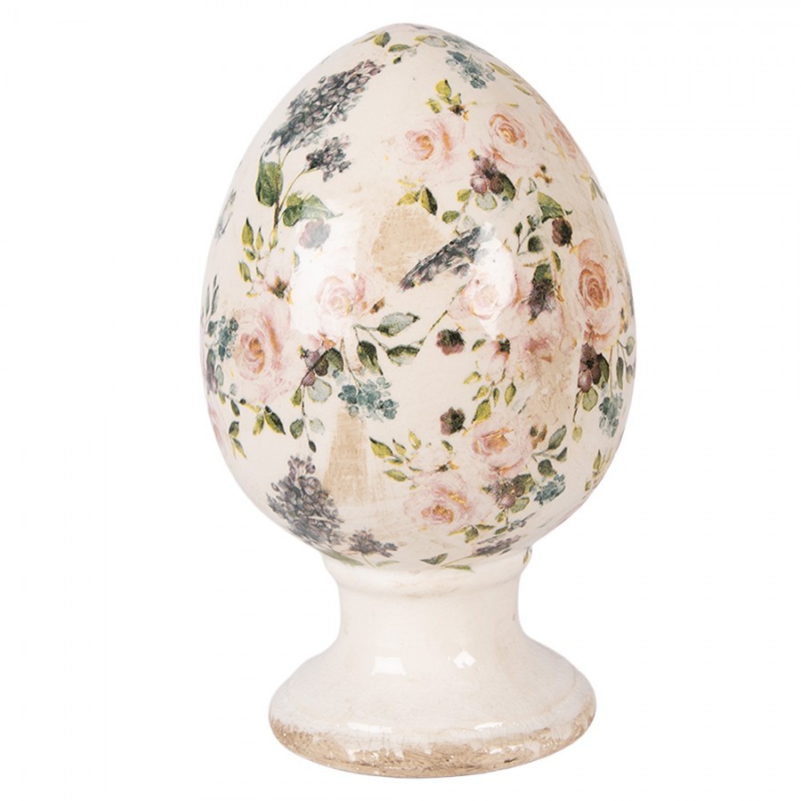 Béžové keramické vajíčko na podstavci s růžemi Rosina L - Ø 15*24 cm