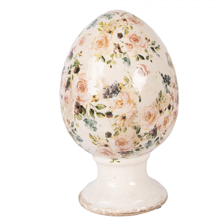 Béžové keramické vajíčko na podstavci s růžemi Rosina L - Ø 15*24 cm