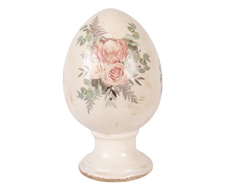 Béžové antik keramické vajíčko s květy Protea Eucalypt L - Ø 15*24 cm Clayre & Eef