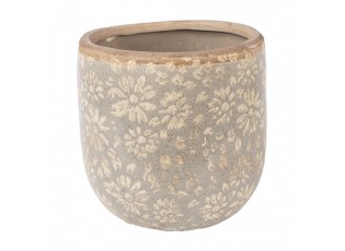 Šedý antik keramický obal na květináč s květy M - Ø 14*13 cm