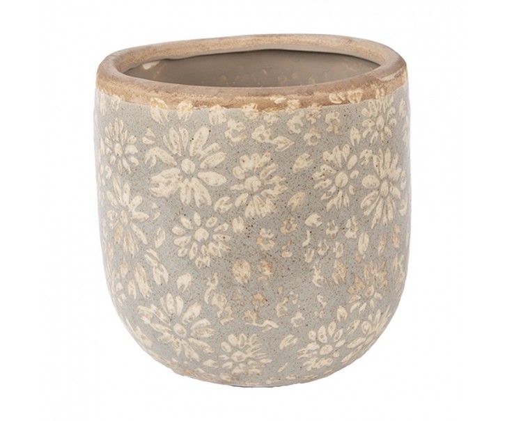 Šedý antik keramický obal na květináč s květy M - Ø 14*13 cm Clayre & Eef