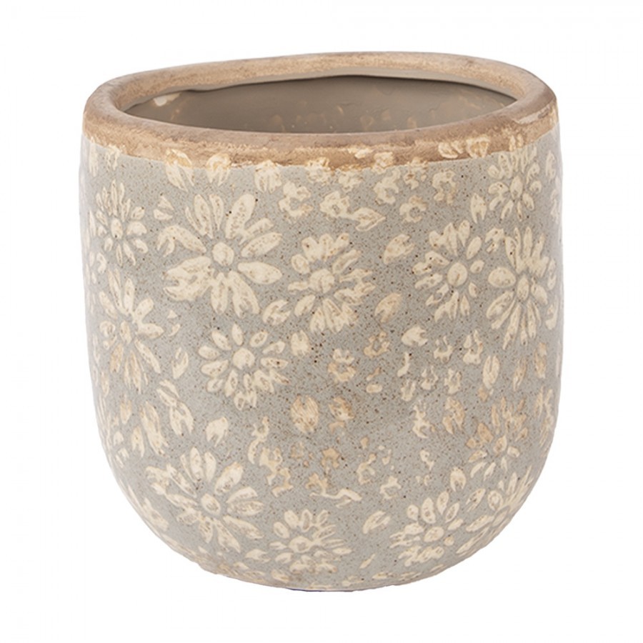 Šedý antik keramický obal na květináč s květy M - Ø 14*13 cm