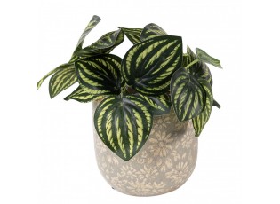 Šedý antik keramický obal na květináč s květy M - Ø 14*13 cm