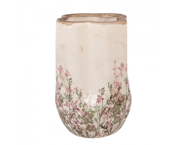 Béžová antik keramická váza s růžovo-zelenými květy S - Ø 16*24 cm Clayre & Eef