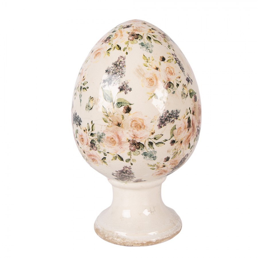 Béžové keramické vajíčko na podstavci s růžemi Rosina XL - Ø 17*28 cm