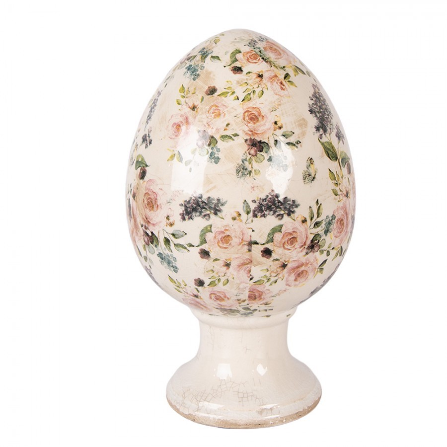 Béžové keramické vajíčko na podstavci s růžemi Rosina XL - Ø 17*28 cm