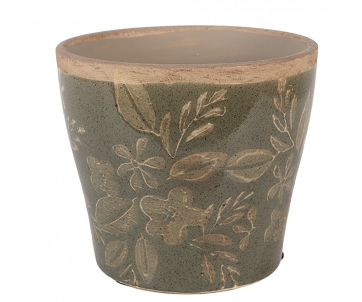 Zelený keramický obal na květináč s květy Timothée M - Ø 12*10 cm Clayre & Eef