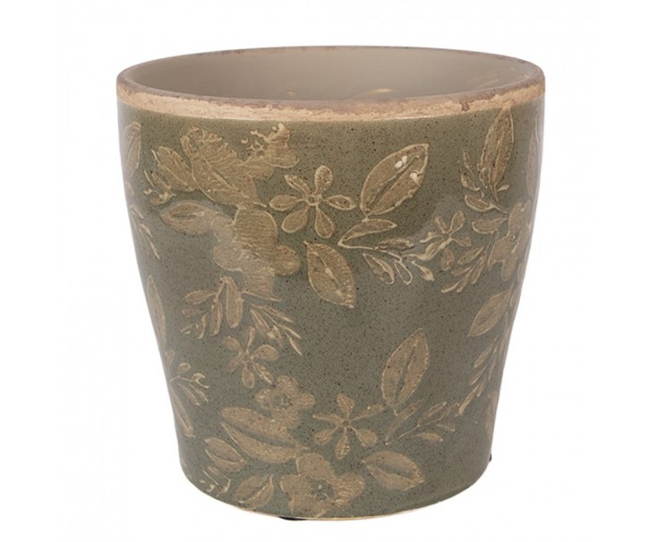 Zelený keramický obal na květináč s květy Timothée L - Ø 14*13 cm Clayre & Eef