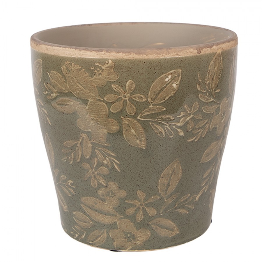 Levně Zelený keramický obal na květináč s květy Timothée L - Ø 14*13 cm 6CE2410L