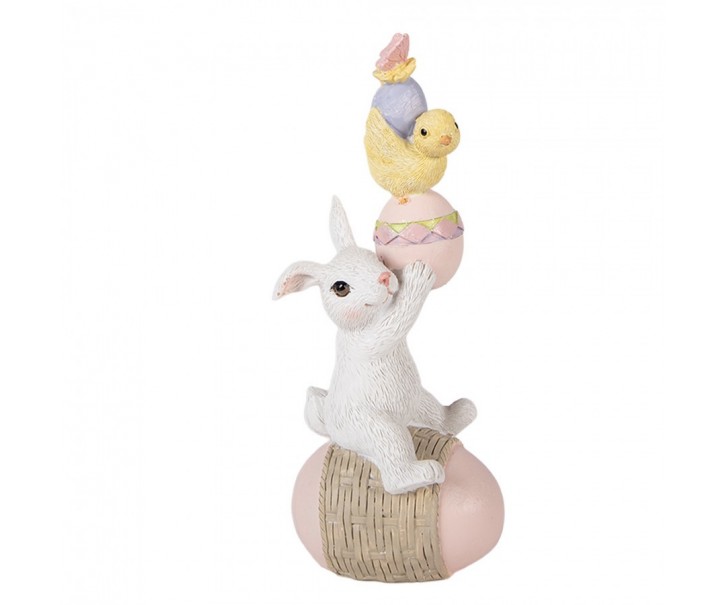 Dekorace bílý králík na vajíčku a s kuřátkem - 8*6*19 cm Clayre & Eef