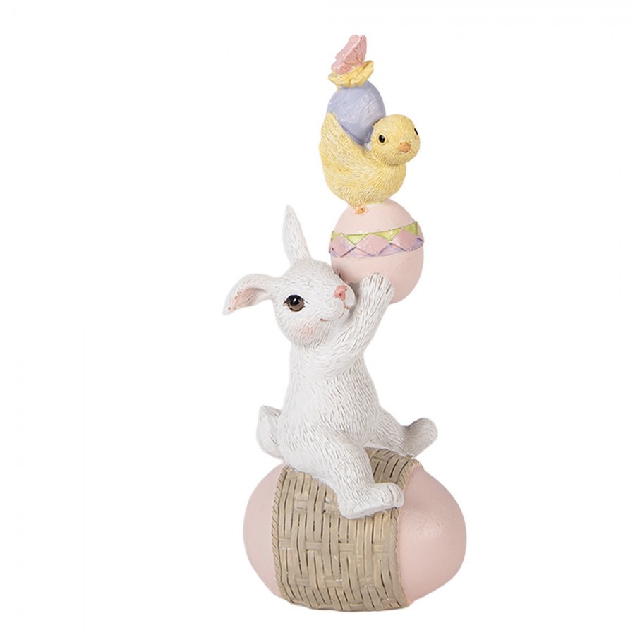 Dekorace bílý králík na vajíčku a s kuřátkem - 8*6*19 cm
