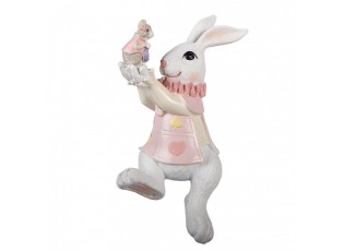 Dekorace bílý sedící králík držící myšku - 9*9*14 cm