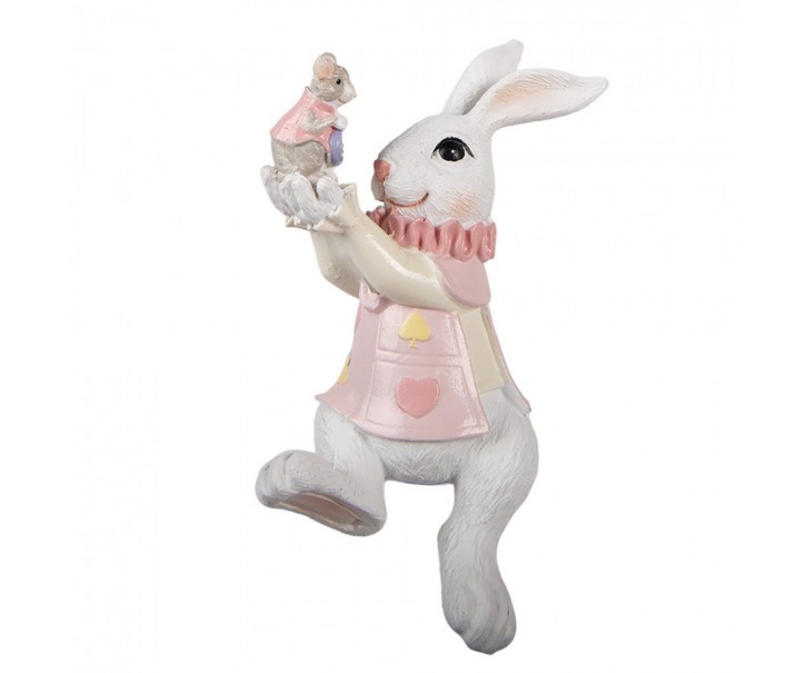 Dekorace bílý sedící králík držící myšku - 9*9*14 cm Clayre & Eef