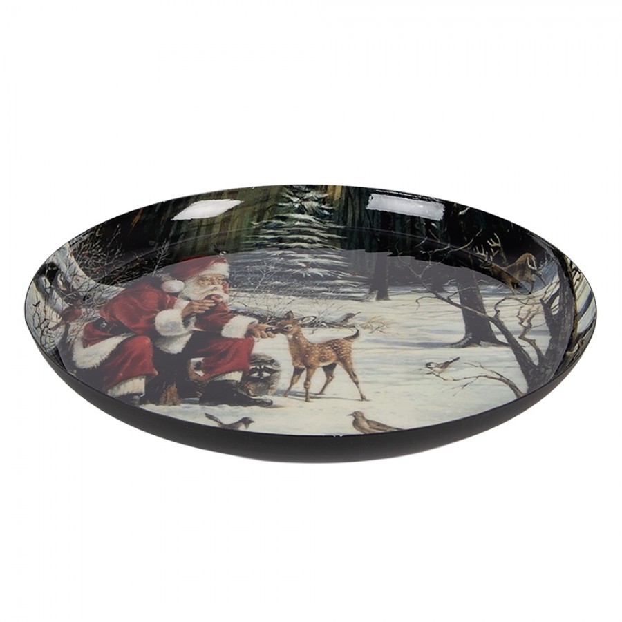 Černý kovový podnos s motivem Santy v zasněžené krajině - Ø 28*3 cm