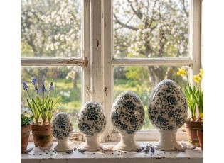 Keramické vajíčko na podstavci se zelenými květy Tien French S - Ø 9*14 cm