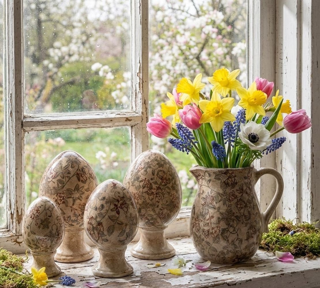 Béžové keramické vajíčko s květy Margaus M - Ø 12*19 cm Clayre & Eef Béžové keramické vajíčko s květy Margaus M - Ø 12*19 cm Clayre & Eef