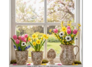 Béžový keramický obal na květináč s květy Margaus M - Ø 15*15 cm