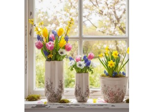 Béžová antik keramická váza s růžovo-zelenými květy L - Ø16*36 cm