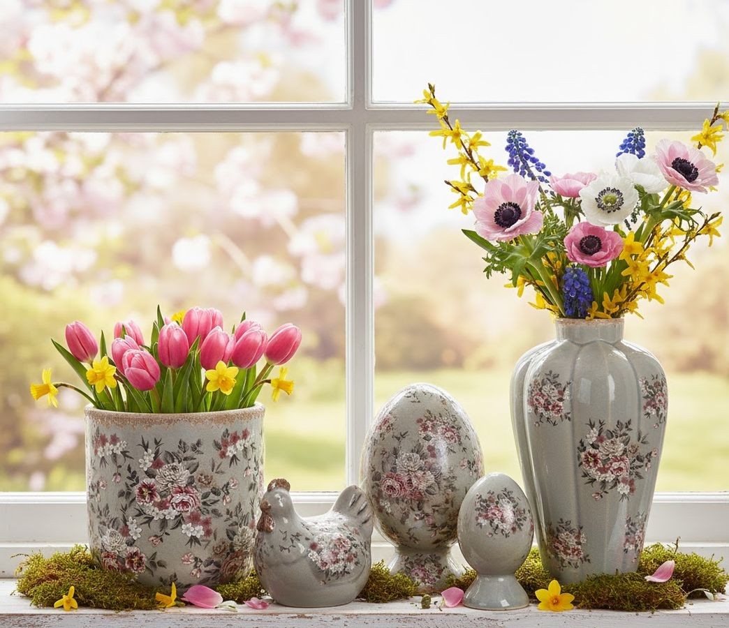 Šedá keramická dekorační váza s květy Floria - Ø 17*28 cm 